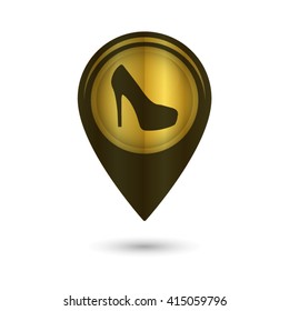 heel shoes - black vector icon; golden  map pointer
