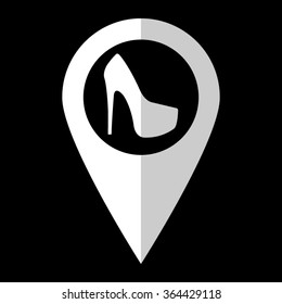heel shoes - white vector icon;  map pointer
