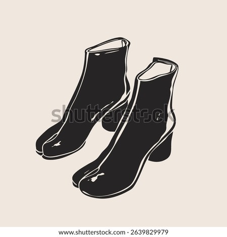 Heeled ankle boots, fancy shoes. Casual formal leather footwear for women, men. Hand drawn modern Vector illustration. Trendy monochrome style. Isolated design element