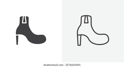 Heeled Boot icon set in black flat solid and outlined style.