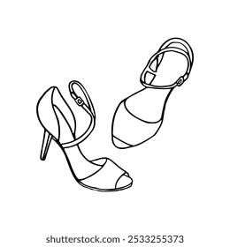 heeled sandals lying around carelessly, top view - hand drawn line sketch