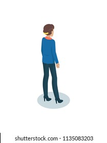 Heeled woman in formal cloth or uniform with comb-out hair isolated icon. Company director, chief or administrator vector isometric model from back view.