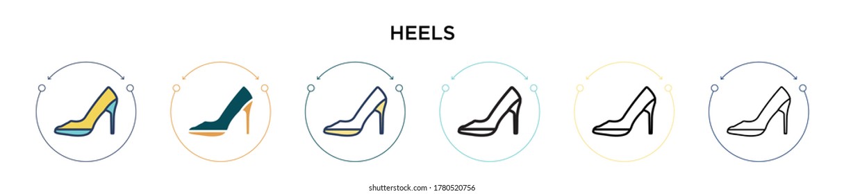 Heels icon in filled, thin line, outline and stroke style. Vector illustration of two colored and black heels vector icons designs can be used for mobile, ui, web