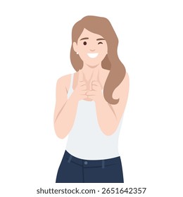 heerful woman in a casual outfit points playfully at the viewer while winking. Flat vector illustration isolated on white background