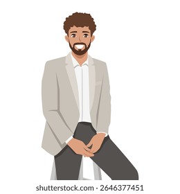 jovem hediondo em um blazer bege e calças escuras, sentado casualmente em um banquinho com um sorriso confiante. Ilustração de caractere de vetor plano