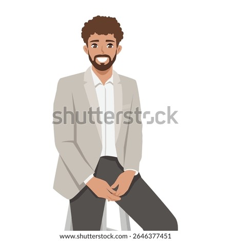 heerful young man in a beige blazer and dark pants, sitting casually on a stool with a confident smile. Flat Vector character illustration