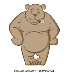 Un oso sonriente y fuerte con una flor en los dientes. Una bestia grande, poderosa, alegremente sintonizada, no enfadada, de buen carácter. Ilustración del vector