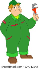 Hefty, smiling young man in coveralls holding wrench