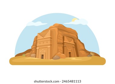 Hegra Aka Madain Saleh Saudi Arabia Ancient Village Cartoon illustration Vector