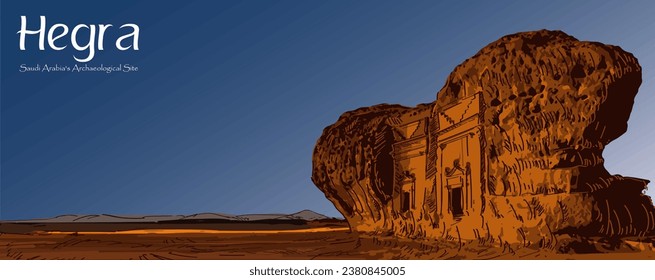 Hegra, archaeological site, Nabatean carved rock cave tombs vector art