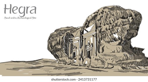 Hegra, archaeological site, Nabatean carved rock cave tombs illustrations vector art