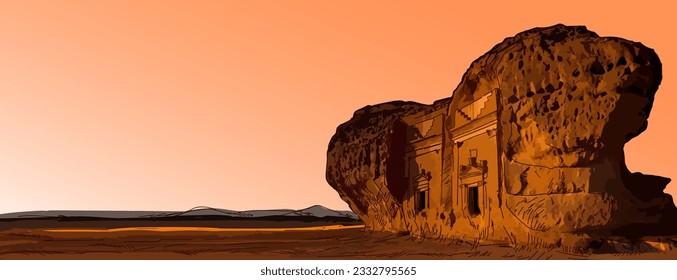 Hegra, also known as Madian Salih, archaeological site, Nabatean carved rock cave tombs vector art