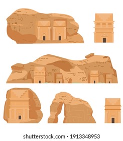 Hegra Saudi Arabia Ancient Village Vector Illustrations Set. AlULa, Mada'in Saleh, Elephant Rock, Qasr al-Farid, Tombs.  