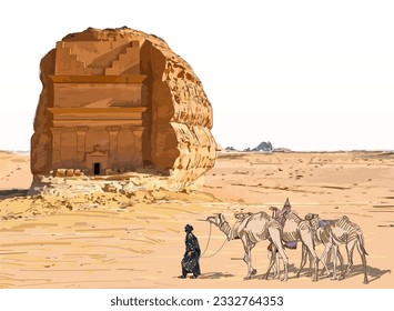 Hegra Saudi Arabia ancient village with camel rider. tombs in sand rocks vector art.