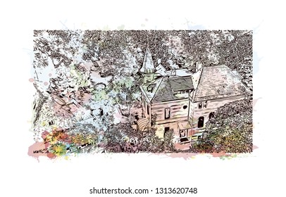 Heidelberg Castle is a ruin in Germany and landmark of Heidelberg. Watercolor splash with Hand drawn sketch illustration in vector.
