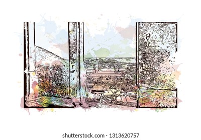 Heidelberg Castle is a ruin in Germany and landmark of Heidelberg. Watercolor splash with Hand drawn sketch illustration in vector.