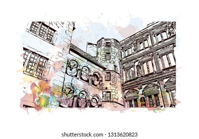 Heidelberg Castle is a ruin in Germany and landmark of Heidelberg. Watercolor splash with Hand drawn sketch illustration in vector.