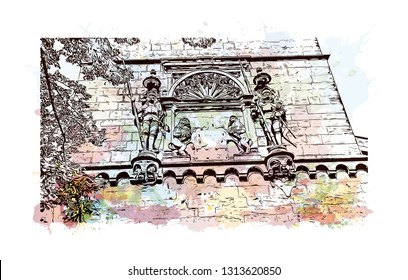 Heidelberg Castle is a ruin in Germany and landmark of Heidelberg. Watercolor splash with Hand drawn sketch illustration in vector.