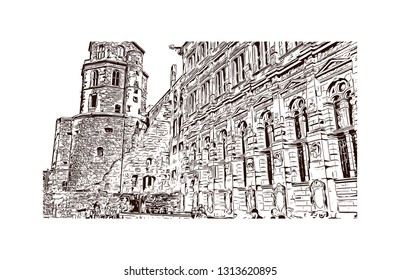 Heidelberg Castle is a ruin in Germany and landmark of Heidelberg. Hand drawn sketch illustration in vector.