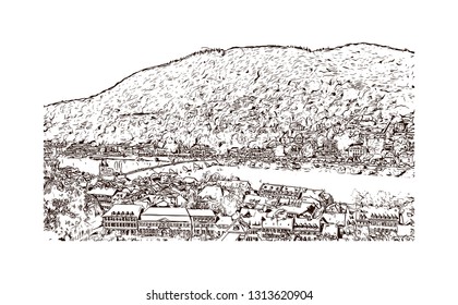 Heidelberg Castle is a ruin in Germany and landmark of Heidelberg. Hand drawn sketch illustration in vector.