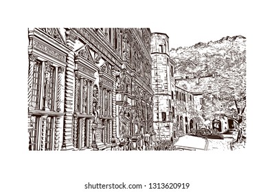 Heidelberg Castle is a ruin in Germany and landmark of Heidelberg. Hand drawn sketch illustration in vector.