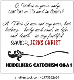 Heidelberg Catechism question number 1: what your only comfort in life and death? Not own, belong to faithful savior Jesus Christ vector on white background for Christian themes.	