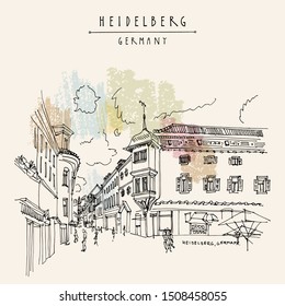 Heidelberg, Germany, Europe. Town square with side walk cafes in the old town. Travel sketch of vintage street and baroque buildings. Vintage hand drawn postcard. EPS10 vector illustration