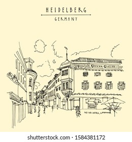 Heidelberg, Germany, Europe. Town square with side walk cafes in the old town. Travel sketch of vintage street and baroque buildings. Vintage hand drawn postcard. EPS10 vector illustration