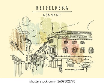 Heidelberg, Germany, Europe. Town square with side walk cafes in the old town. Travel sketch of vintage street and baroque buildings. Vintage hand drawn postcard