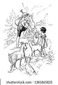 Heidi and Peter, this scene shows a little boy and girl herding goats, mountains and trees in background, vintage line drawing or engraving illustration