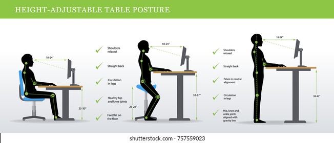 Height Adjustable and Standing Desks correct poses. Ergonomics healthy postures.