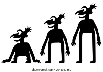 Height adjustment change joke figure silhouette stencil black, vector illustration, horizontal, over white, isolated
