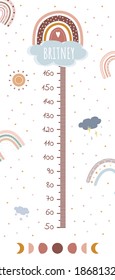 Height chart with boho rainbow. KIds meter wall for nursery design. Vector illustration in doodle cartoon style.