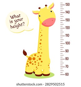 Height chart with cute baby giraffe. Kids meter with cartoon animal. Inscription - What is your height? Meter wall or baby scale of growth. Vector EPS8