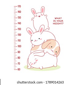Height chart with cute baby rabbit. Kids meter with cartoon animals. Inscription - What is your height? Meter wall or baby scale of growth. Vector EPS8