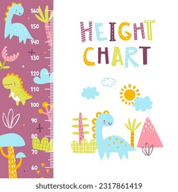 Height chart with cute dino. Scandinavian ruler with funny dinosaurs. Purple jurassic stadiometer for baby boys.