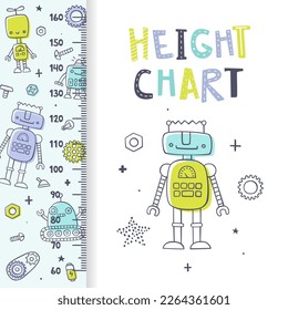 Height chart with cute doodle robots. Cartoon ruler with funny outline robots. Doodle stadiometer for baby boys.