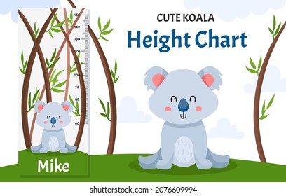 Height chart with cute koala in forest with trees and clouds. Children illustration in vector flat style