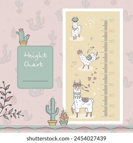 Height chart with cute llamas for nursery. Funny alpaca animal kids ruler. Cute stadiometer for baby room. Various hand drawn funny lama. scandinavian style, place for text. vector illustration