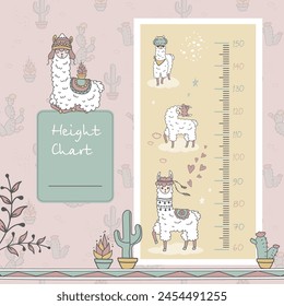 Height chart with cute llamas for nursery. Funny alpaca animal kids ruler. Cute stadiometer for baby room. Various hand drawn funny lama. scandinavian style, place for text. vector illustration