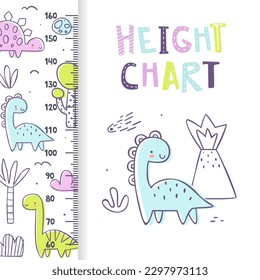 Height chart with cute outline dino. Doodle ruler with funny dinosaurs. Jurassic stadiometer for baby boys.