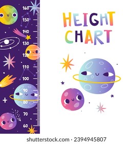 Height chart with cute planet in outer space. Galaxy ruler with gradient planets. Purple cosmic stadiometer for baby.