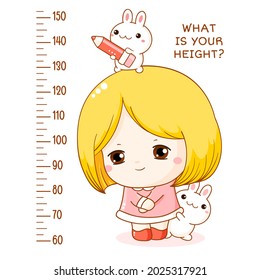 Height chart with cute shy little girl and her two bunny friends. Kids meter with kawaii characters. Inscription What is your height? Meter wall or baby scale of growth. Vector illustration EPS8