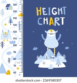 Height chart with cute yeti. Scandinavian ruler with nordic landscape. Winter stadiometer for babies.