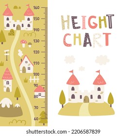 Gráfico de altura con reino de cuento de hadas. Fantasía de pueblo con el gobernante del castillo. Estadiómetro lindo con mapa medieval.