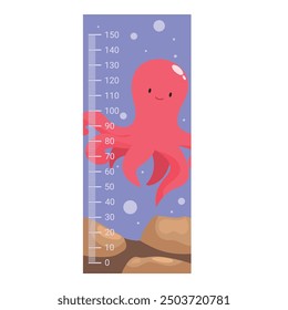 Height chart featuring a cute cartoon octopus swimming near rocks on the ocean floor, perfect for children's rooms