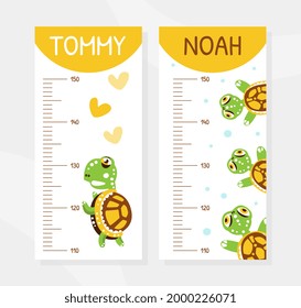 Height Chart with Happy Green Turtle with Shell Vector Illustration