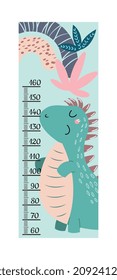 Height chart light green. Girl or boy height measurement poster. Stylish decoration of childrens room. Graduation of kids, poster with cute dinosaur, bc, era. Cartoon flat vector illustration