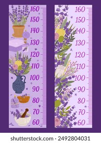 Height chart ruler with lavender flowers, aromatic candles, towels, mortar on purple background. Vector measurement growth scale, meter for kids with scale, wildflowers and spa salon items