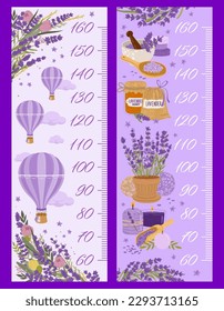 Regla de gráfico de altura con lavanda. Medidor de crecimiento infantil, pegatina de pared vectorial para escala de medida de altura con flores de dibujos animados, globos de aire caliente, elementos e ingredientes de spa como vela aroma, jabón y hierbas